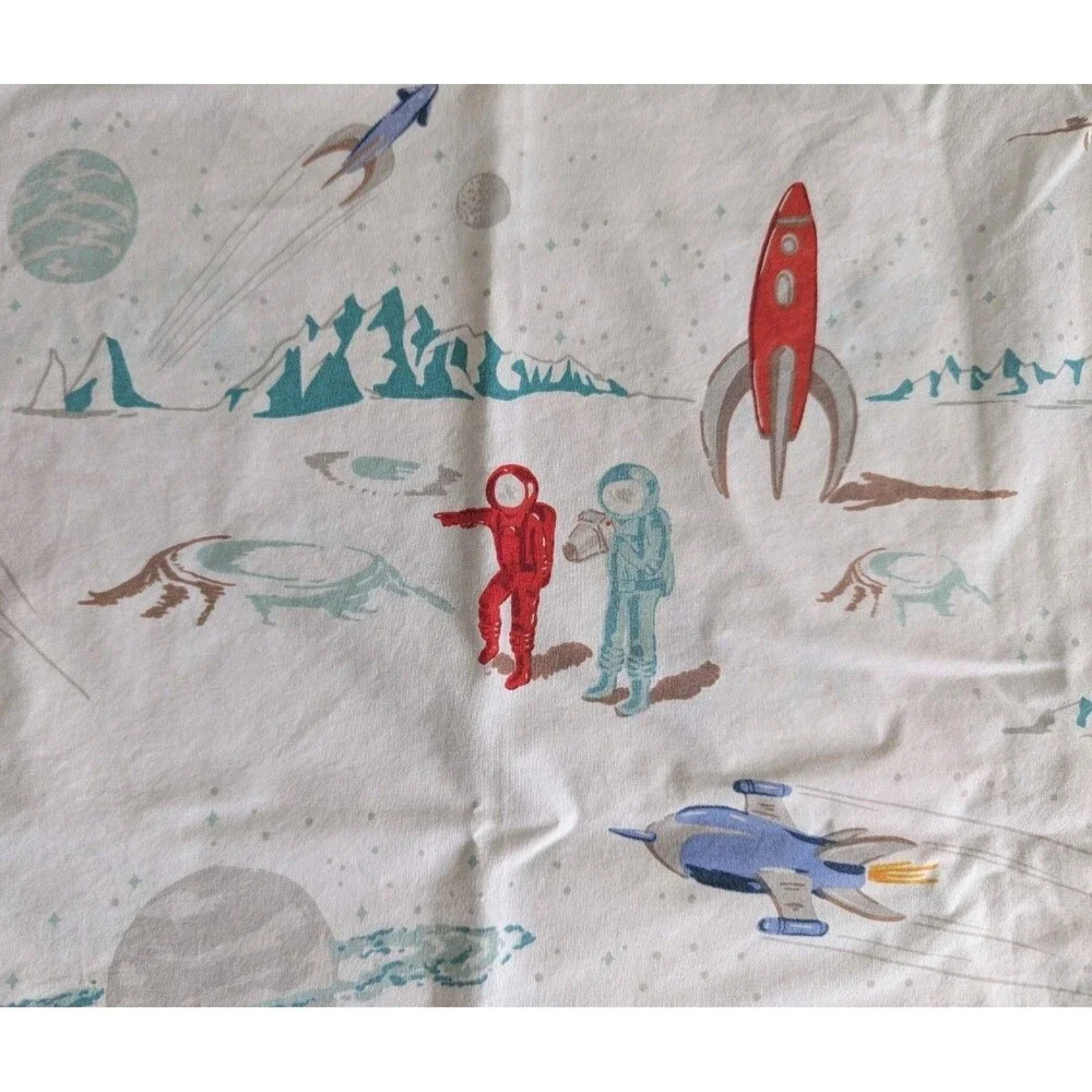 Pottery Barn Kids Astronaut Flat Sheet Pillowcase Full Size Retro Space Planets